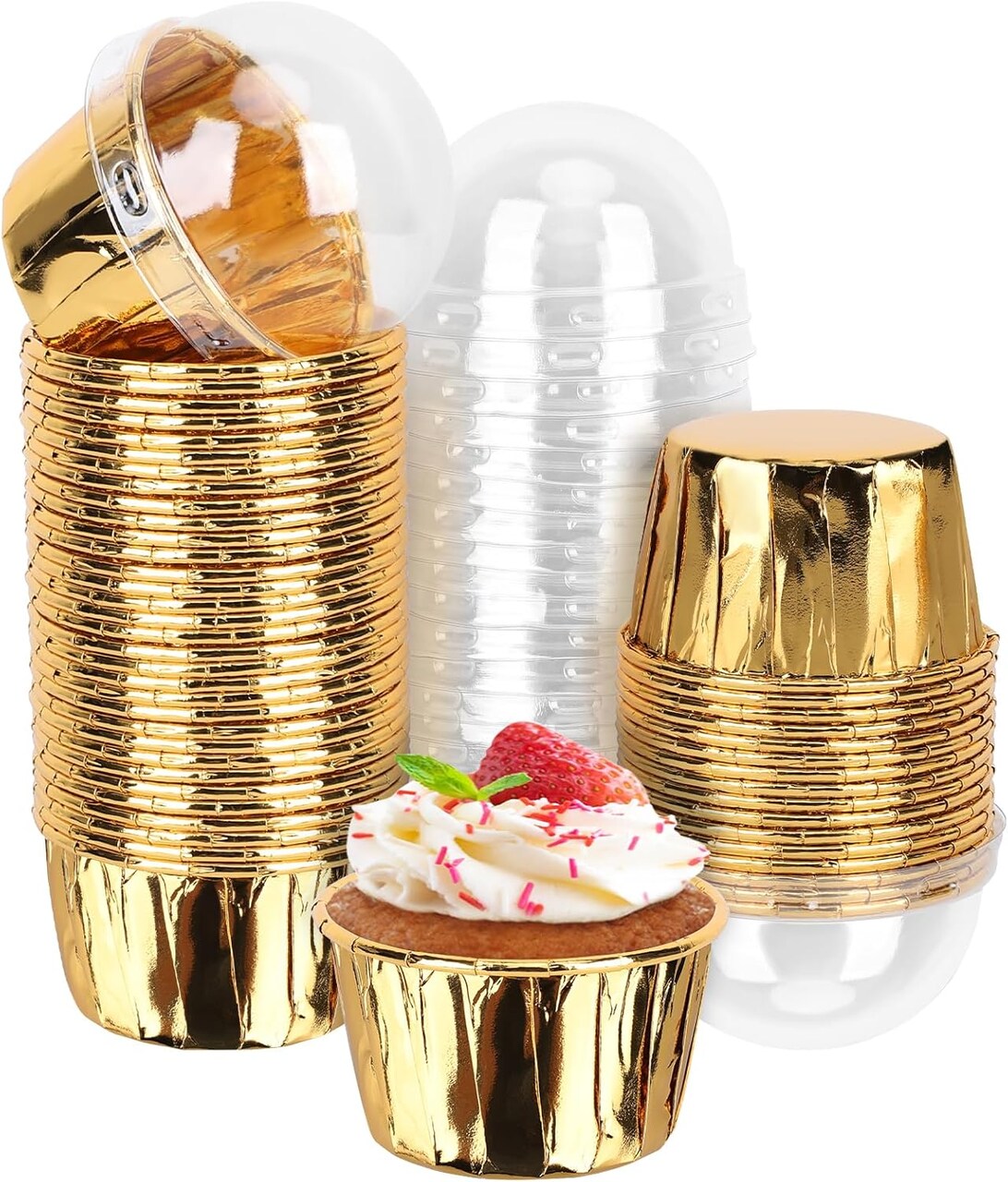50-Pack 3.5oz Gold Aluminum Cupcake Cups with Lids – Disposable Mini Muffin Liners for Baking, Weddings, Birthdays & Parties